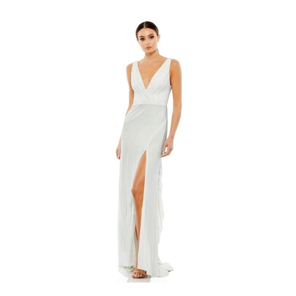 Mac Duggal Sleeveless V Neck Jersey Gown White Women’s 4 READ